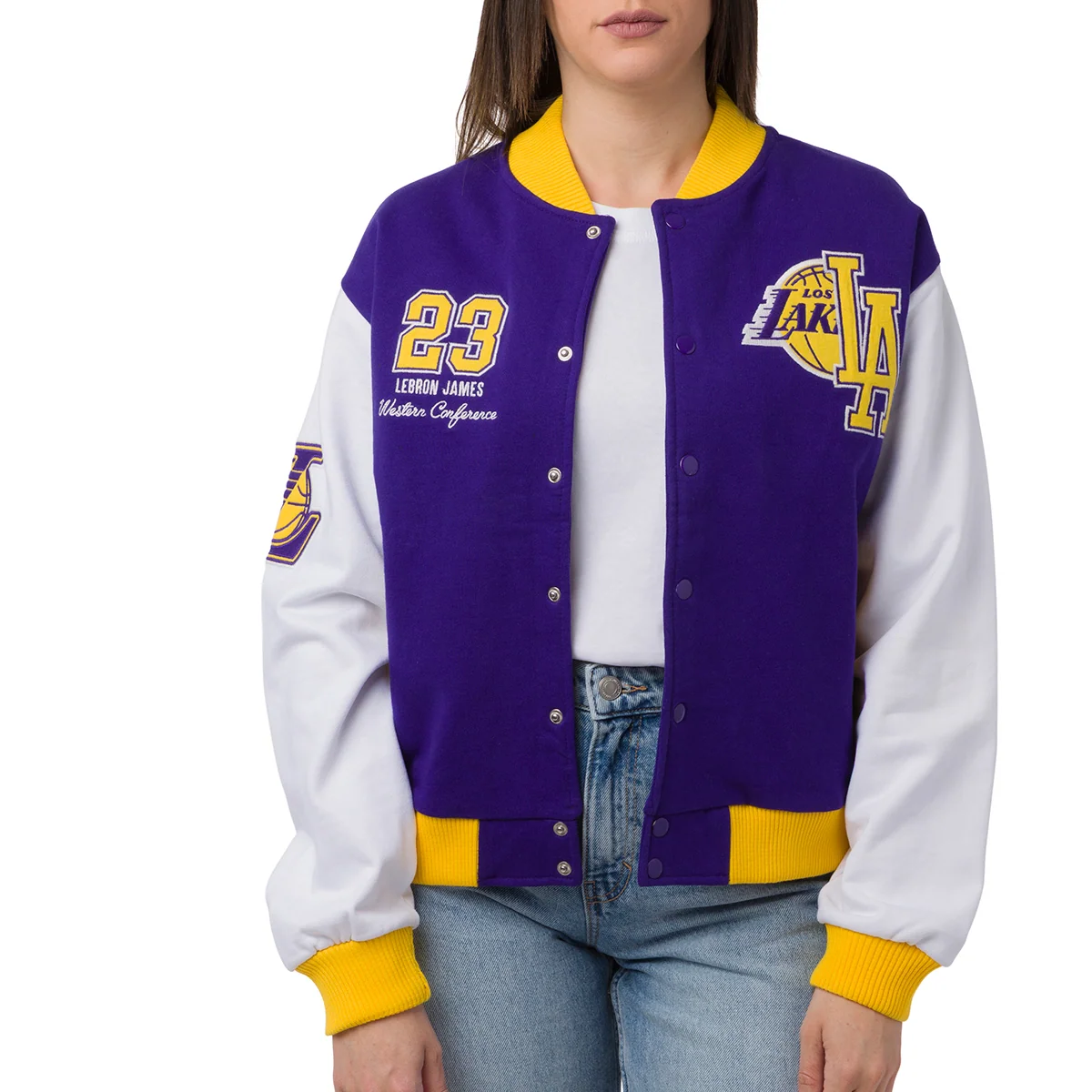 Giacca Bomber da Donna viola bianca e gialla con loghi ricamati LA Lakers NBA