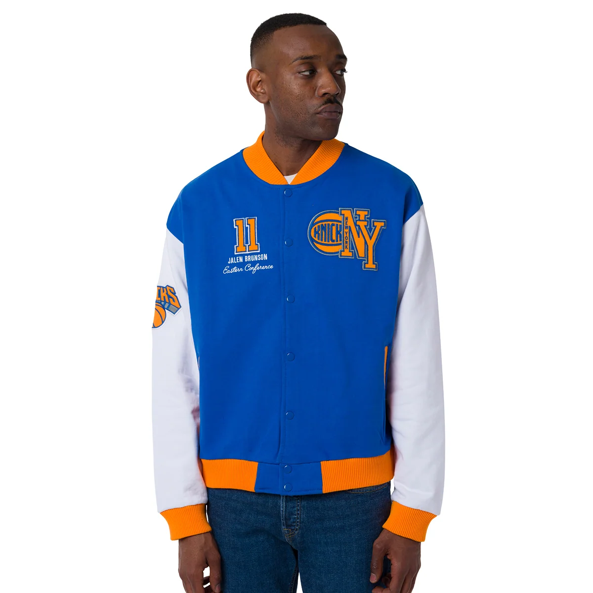 Giacca Bomber da Uomo blu arancione e bianca con ricami New York Knicks NBA