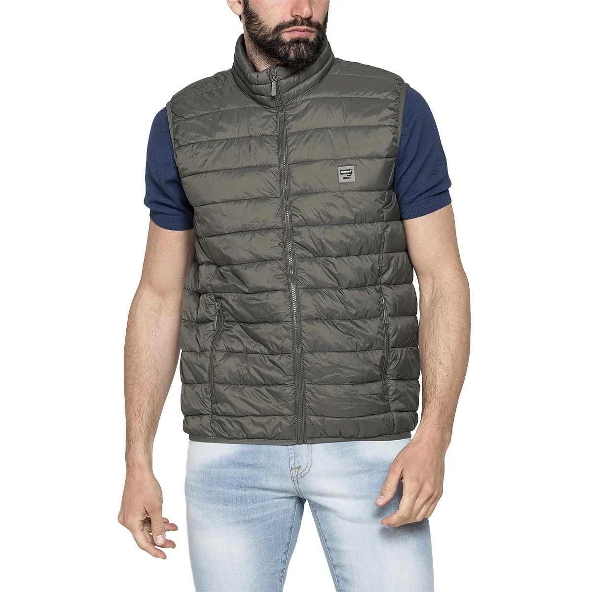 Gilet trapuntato da Uomo verde khaki con chiusura zip Carrera Jeans