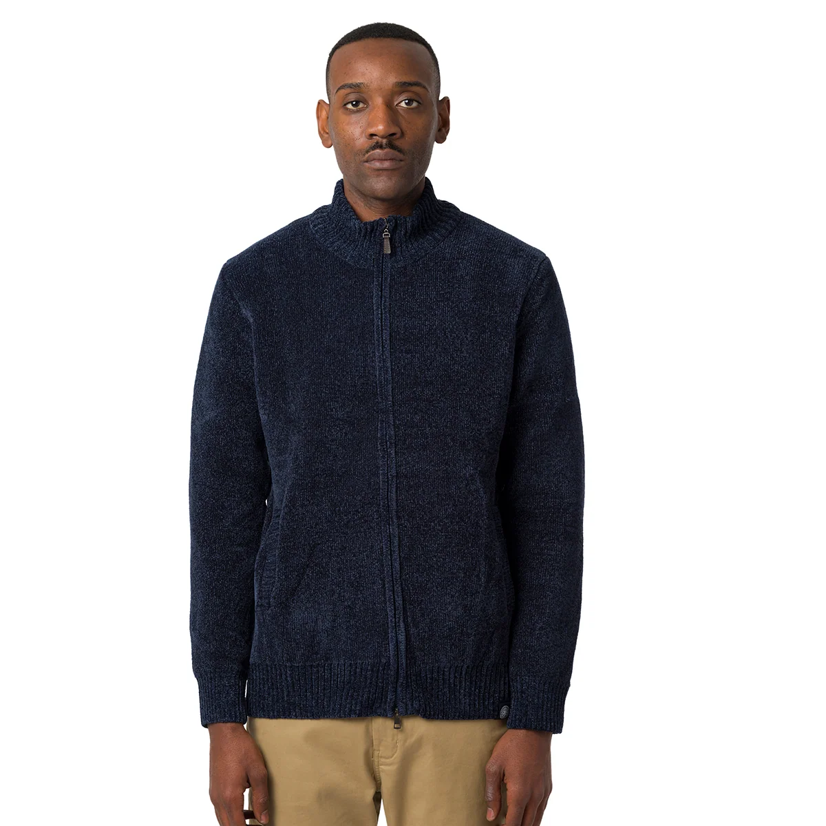 Maglione in ciniglia blu da uomo full zip con tasche Marshall