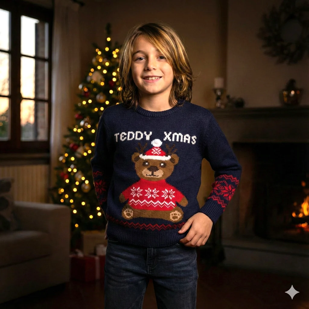 Maglione natalizio da bambini blu con ricamo Teddy