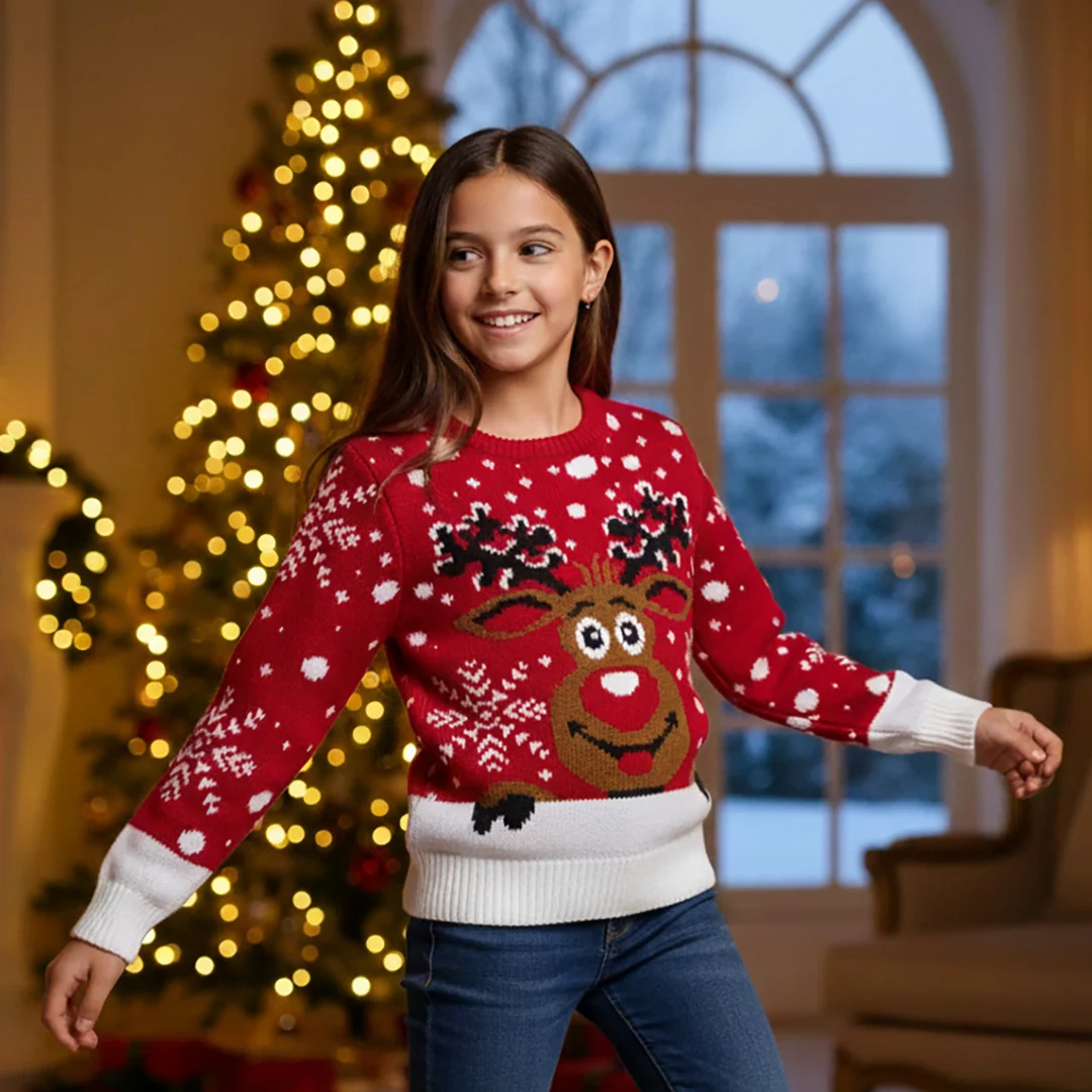 Maglione natalizio da bambini rosso con ricamo renna