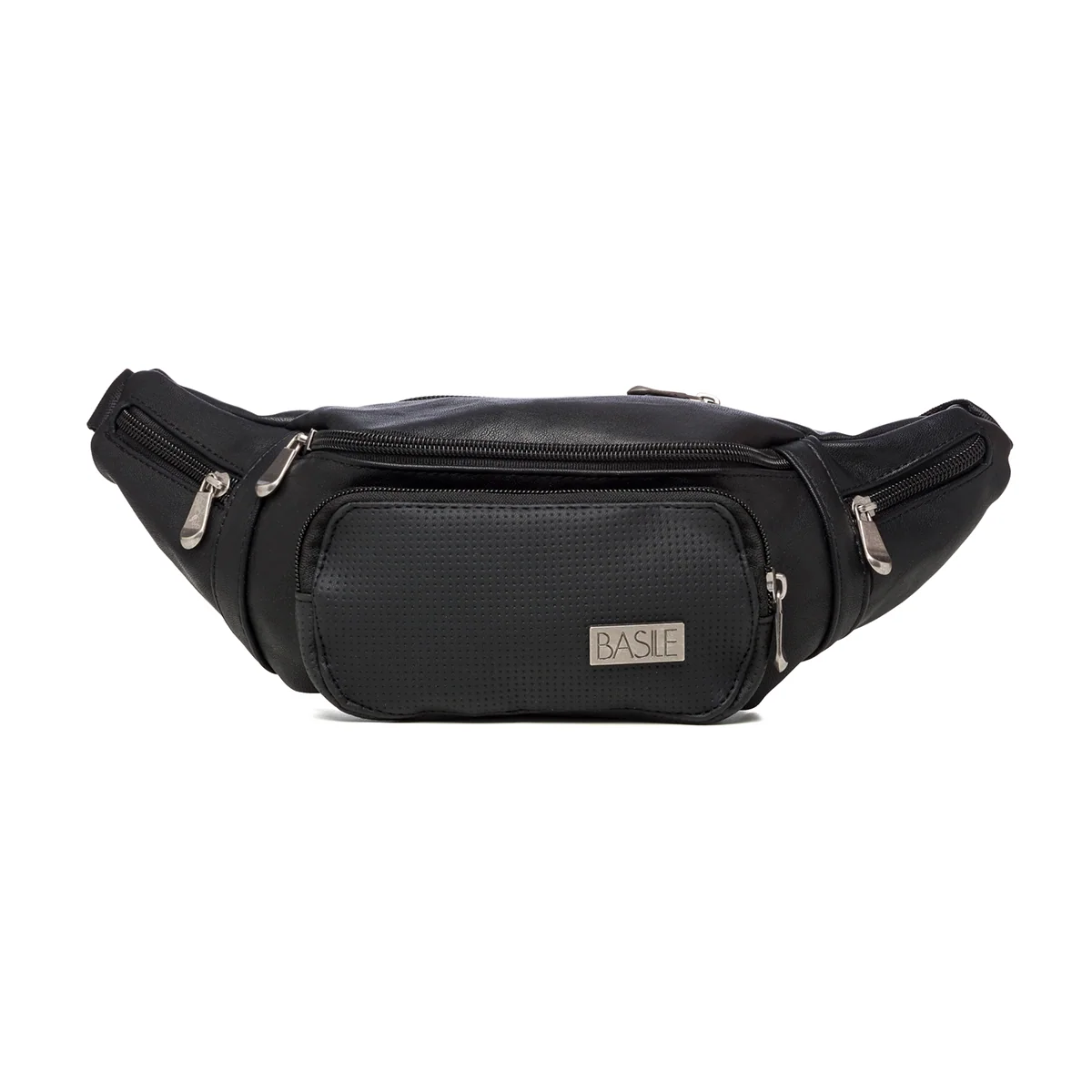 Marsupio nero con patch logo in metallo Basile