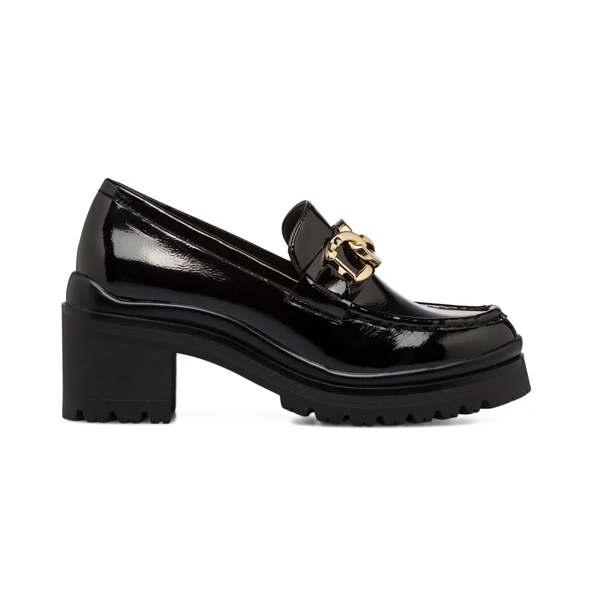 Mocassini chunky da donna neri in vernice con tacco 6 cm e maxi-catena Lora Ferres