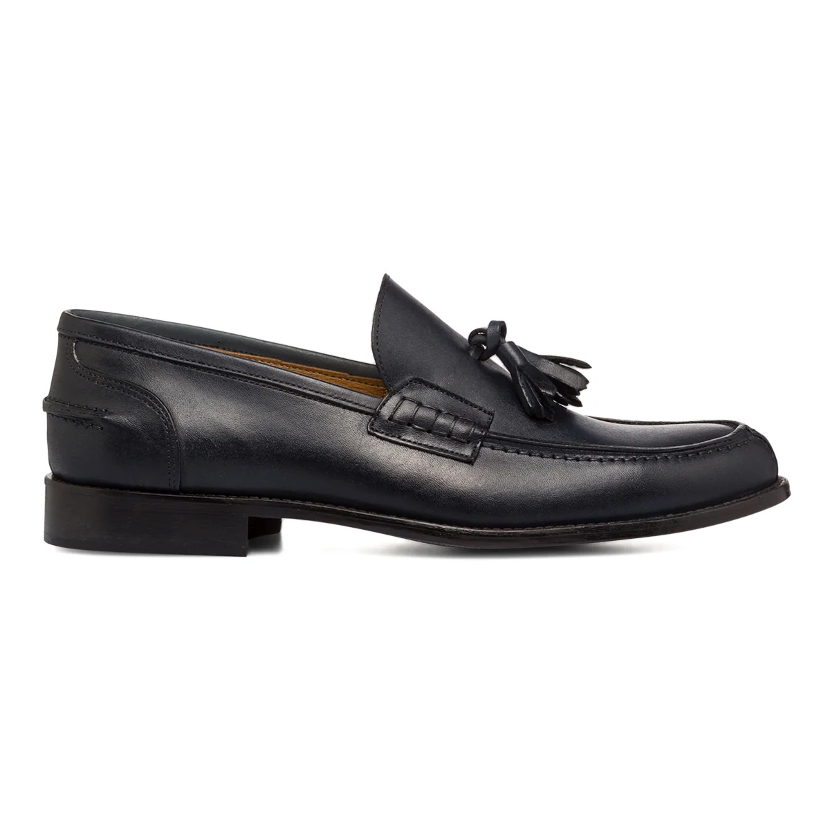 Mocassini eleganti blu navy in pelle da uomo con nappine Primopiano