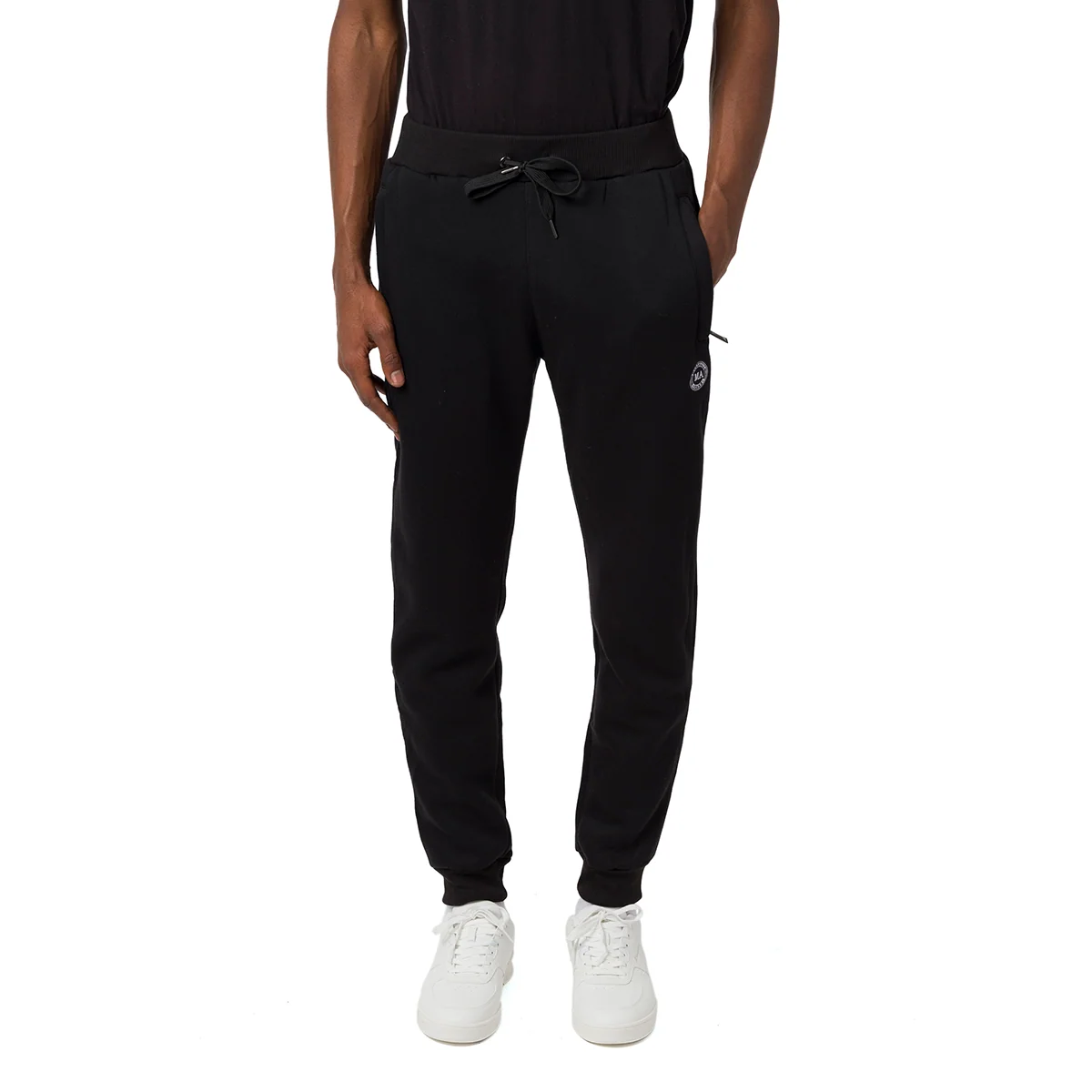 Pantaloni sportivi neri da uomo con caviglie elasticizzate e logo Marshall