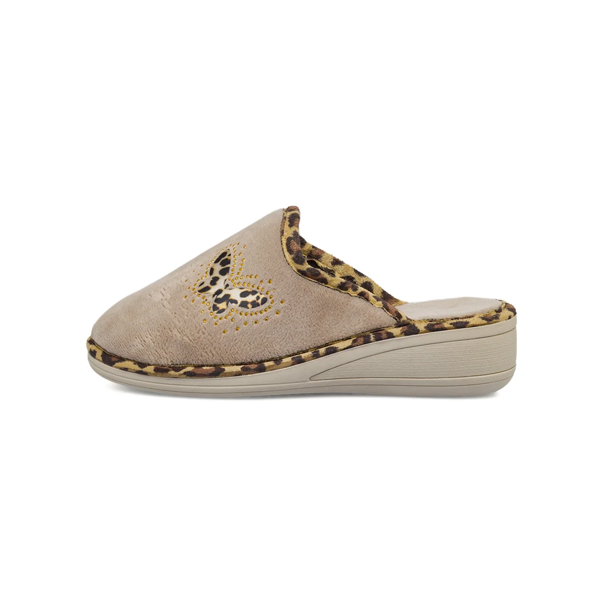 Pantofole beige da Donna con zeppa e farfalla animalier Italia Trend