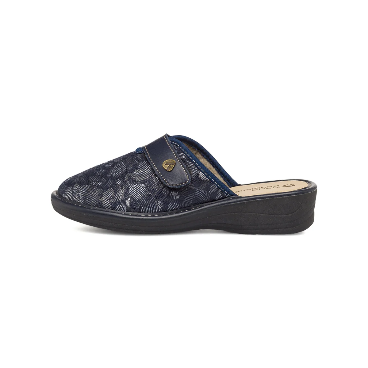 Pantofole blu da Donna con zeppa e fantasia brillante laminata Tiglio
