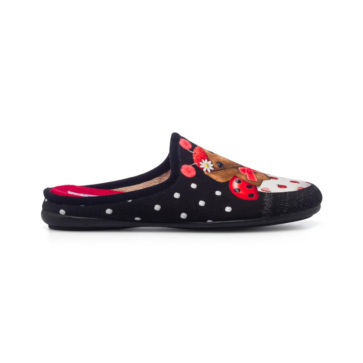 Pantofole nere in tessuto da donna con stampa cagnolino Aday's
