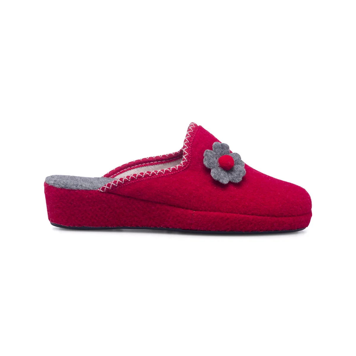 Pantofole rosse in tessuto da donna con fiore grigio Rosagialla