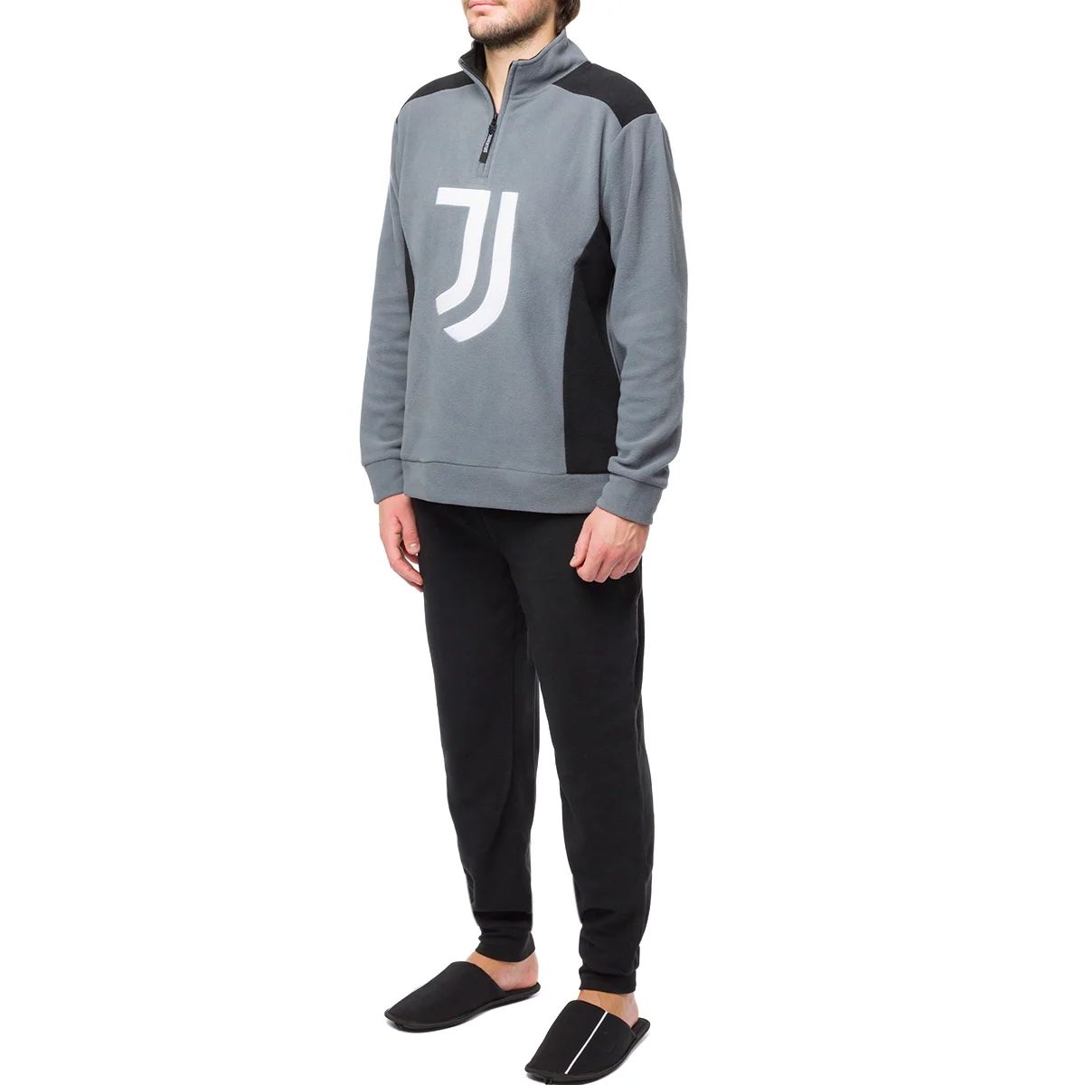 Pigiama invernale in pile grigio e nero da uomo con logo Juventus