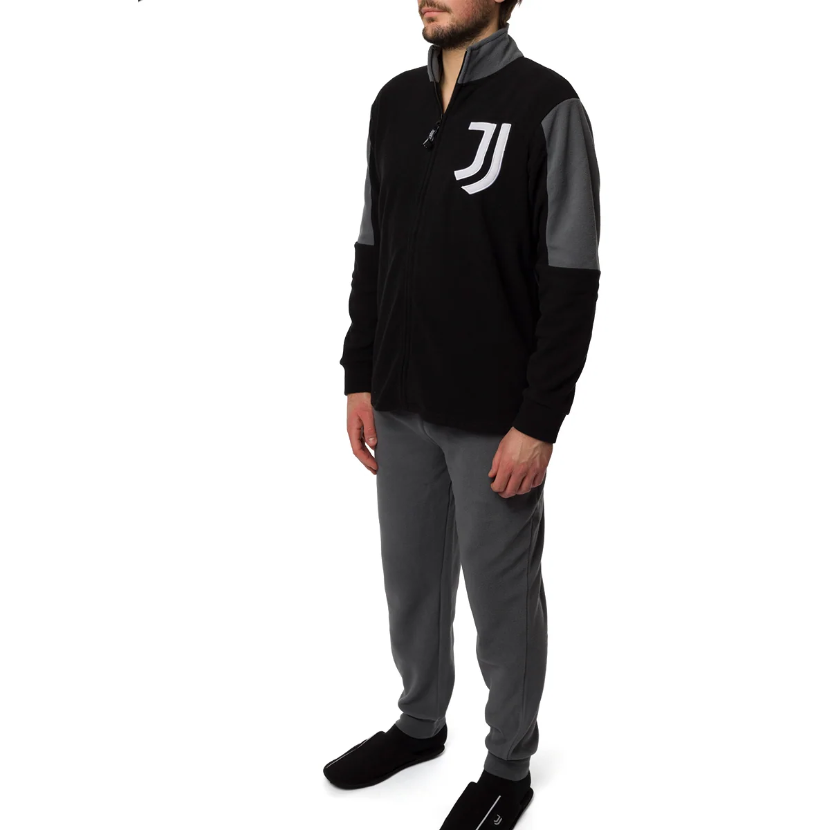 Pigiama invernale in pile grigio e nero da uomo con logo Juventus