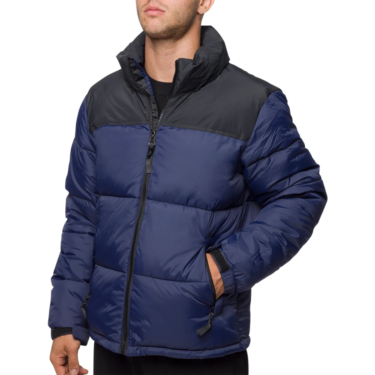 Piumino blu e nero da uomo con cappuccio ripieghevole Gate 76