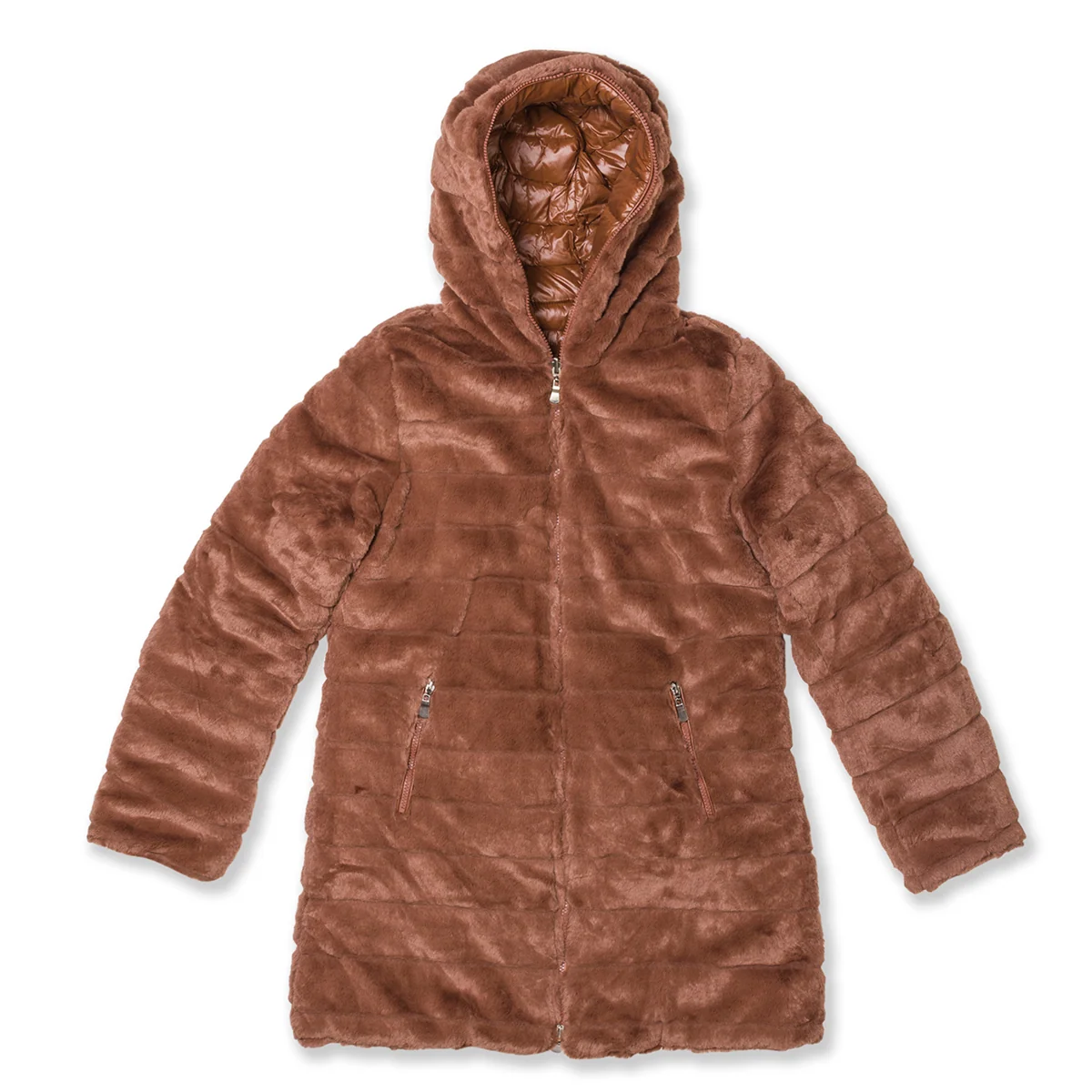 Piumino color cuoio effetto pelliccia con cappuccio Lora Ferres