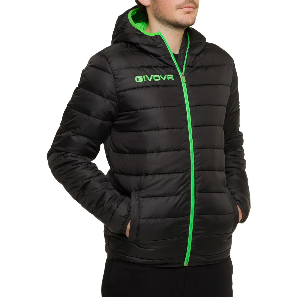 Piumino nero e verde fluo da uomo con cappuccio Givova Olanda