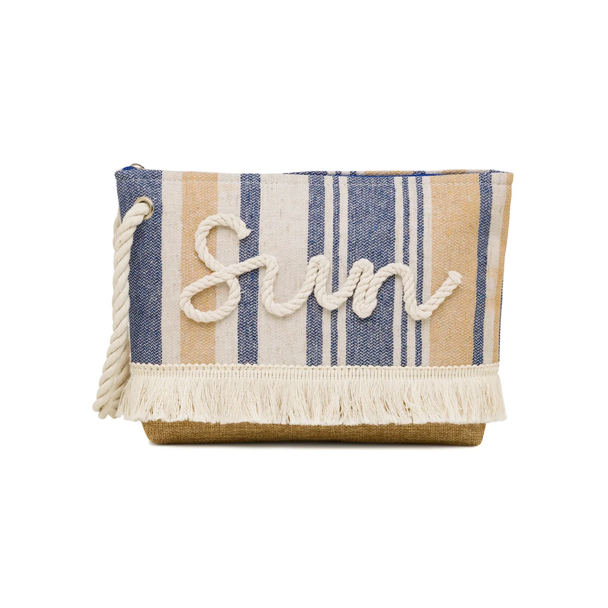 Pochette a Righe Blu con Scritta SUN e Polsino in Ecopelle Camomilla Milano