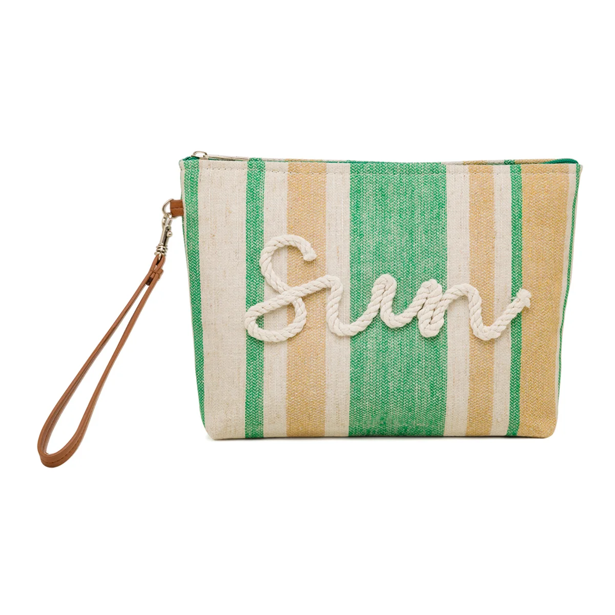 Pochette a Righe Verdi con Scritta Sun Polsino in Ecopelle e Chiusura Zip Camomilla Milano