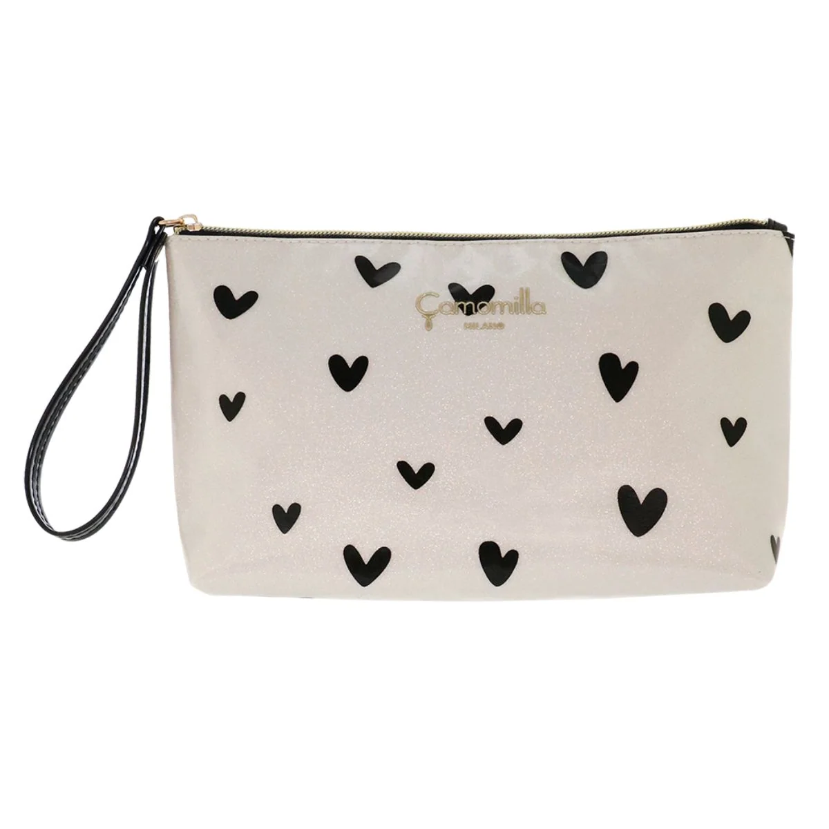 Pochette da donna bianca glitterata con stampa a cuori neri Camomilla Milano