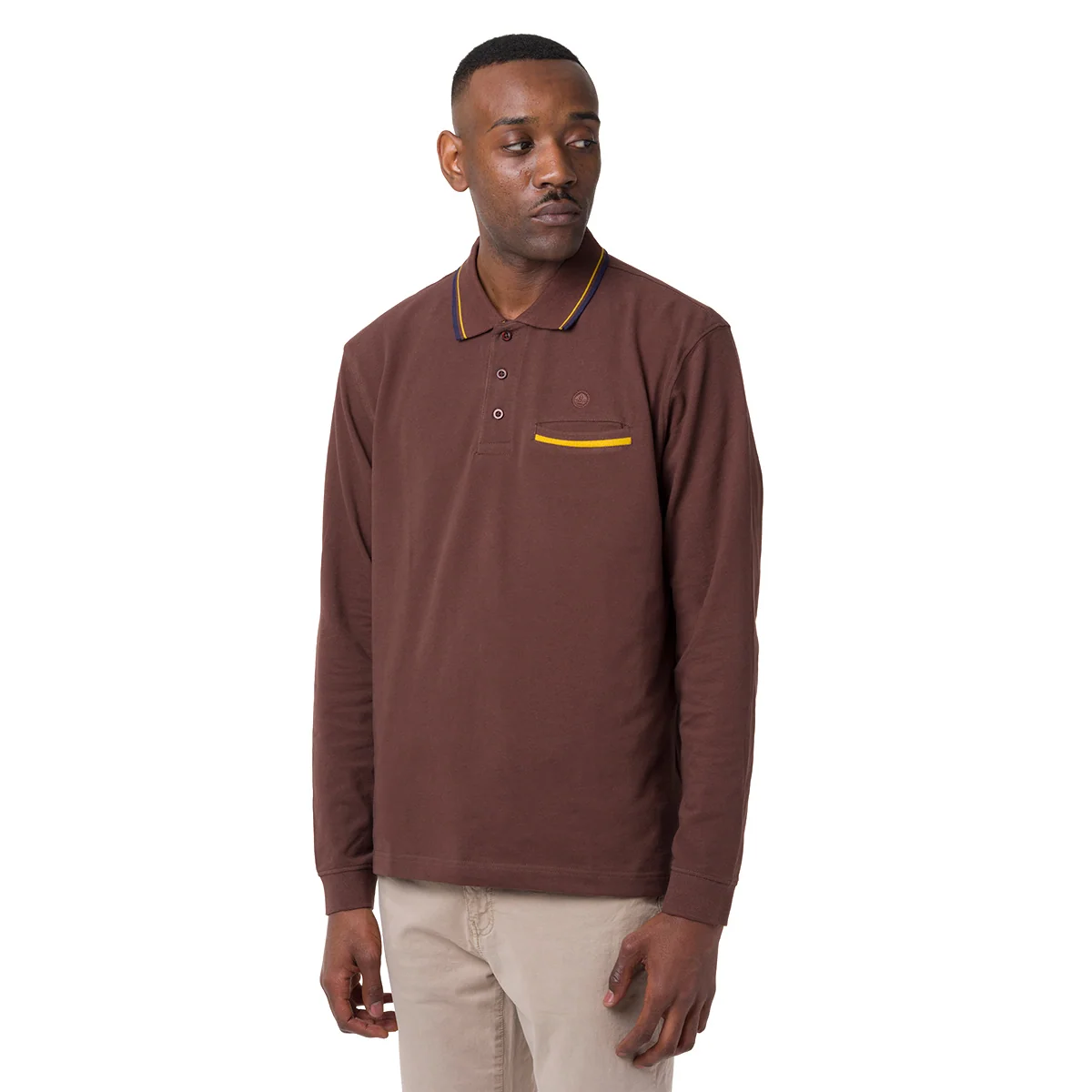 Polo a maniche lunghe Marrone da Uomo con taschino a filetto Navy Sail