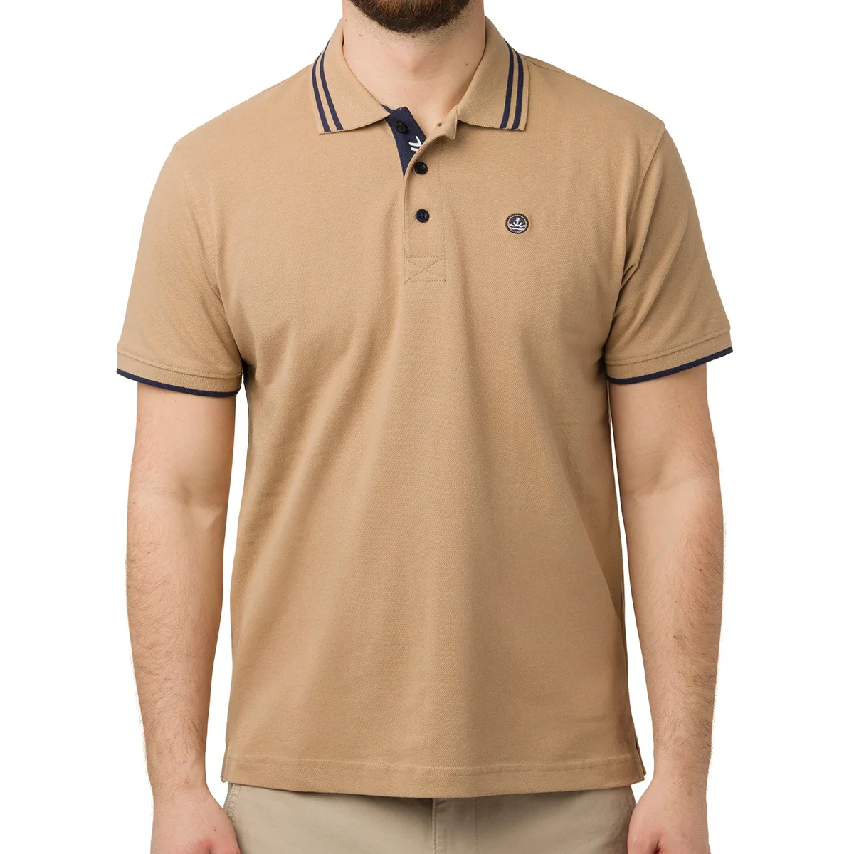 Polo Beige da Uomo in Cotone con Dettagli Bianchi e Logo Ricamato Navy Sail