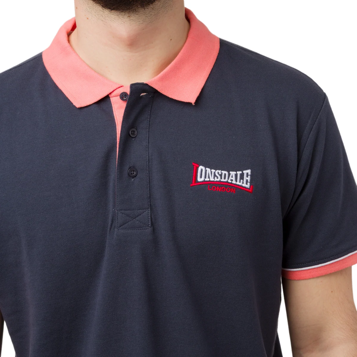 Polo da uomo blu Lonsdale con dettagli rosa e logo ricamato