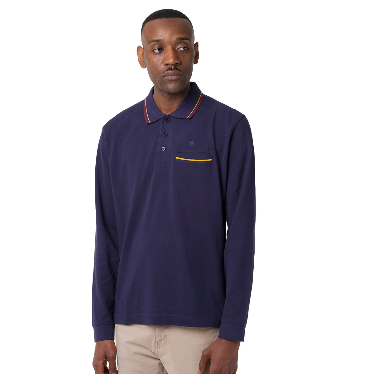 Polo maniche lunghe blu da Uomo con taschino a filetto Navy Sail