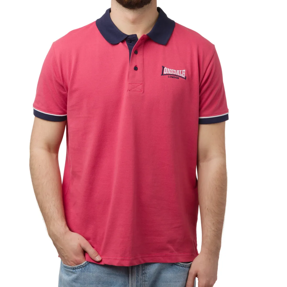 Polo rosa da uomo con dettagli blu e logo a contrasto Lonsdale