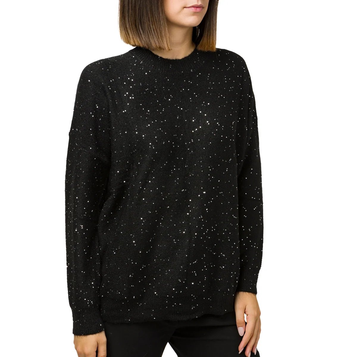 Pullover girocollo nero da donna con paillettes Swish Jeans