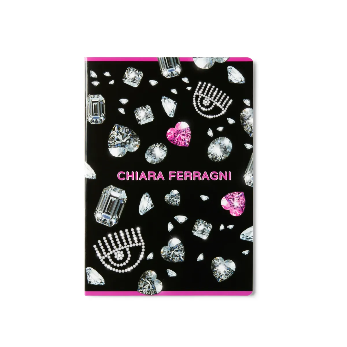 Quaderno a quadretti nero con diamanti sulla copertina e dettagl fucsia Chiara Ferragni