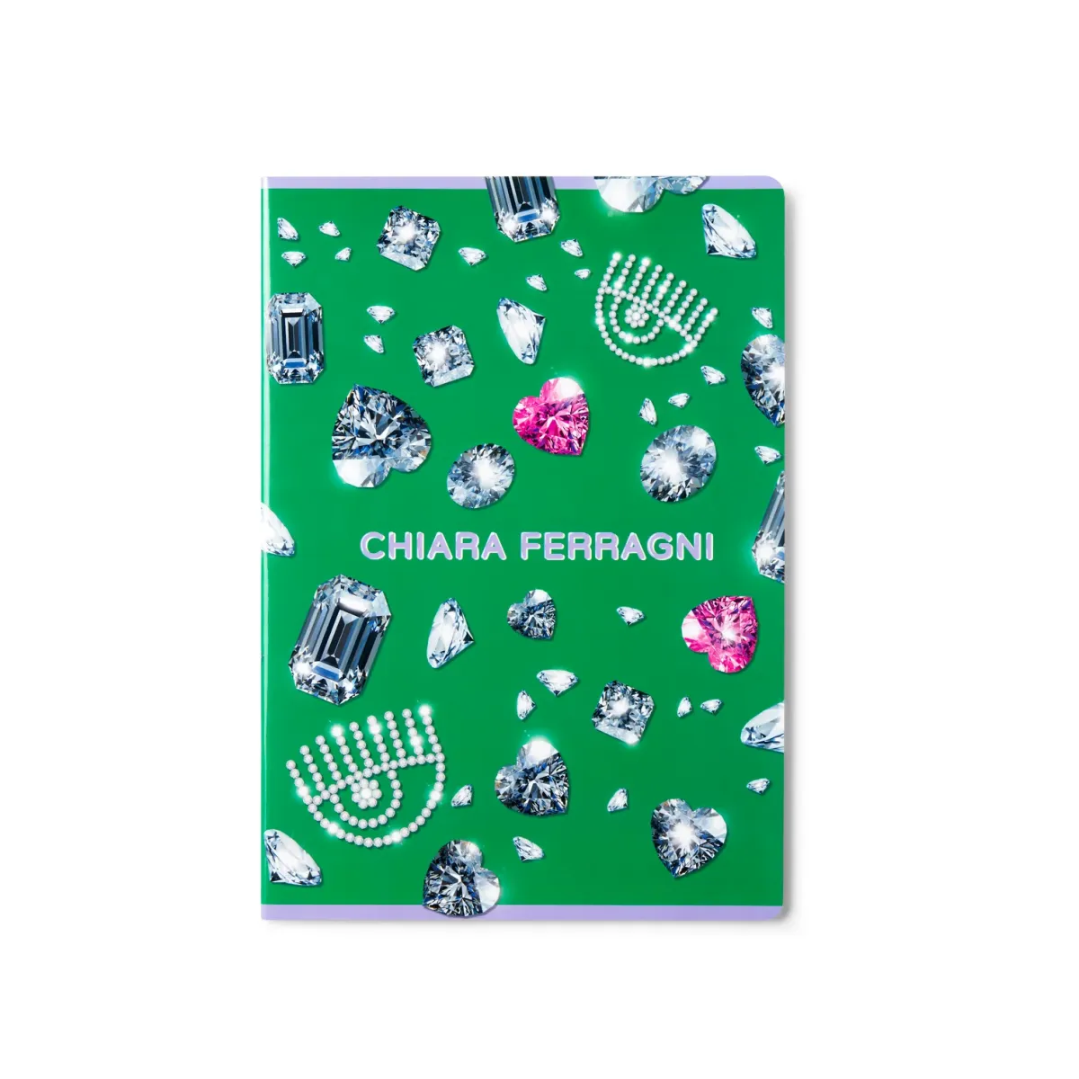 Quaderno a quadretti verde con diamanti sulla copertina e logo Chiara Ferragni