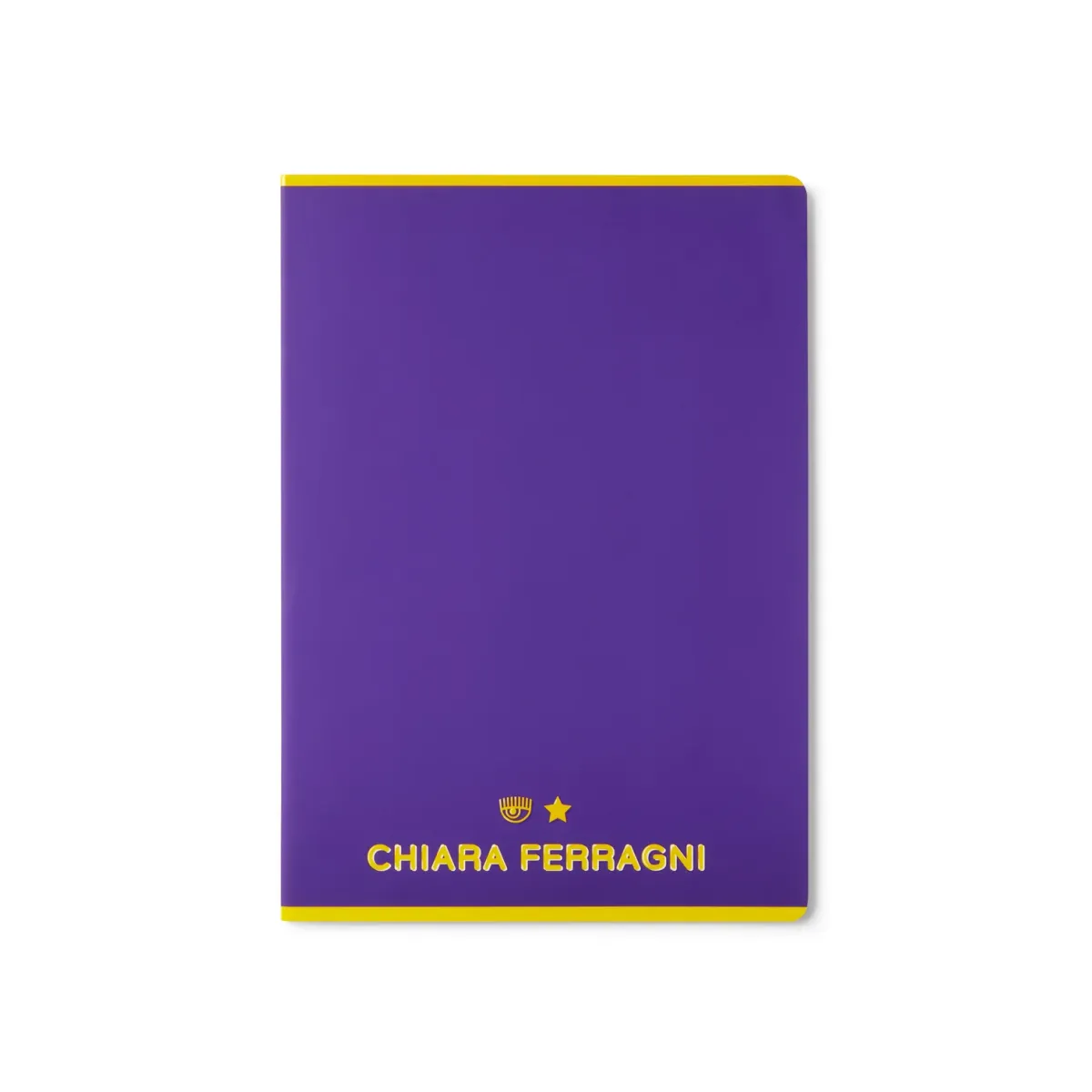 Quaderno a quadretti viola con dettagli gialli e logo Chiara Ferragni