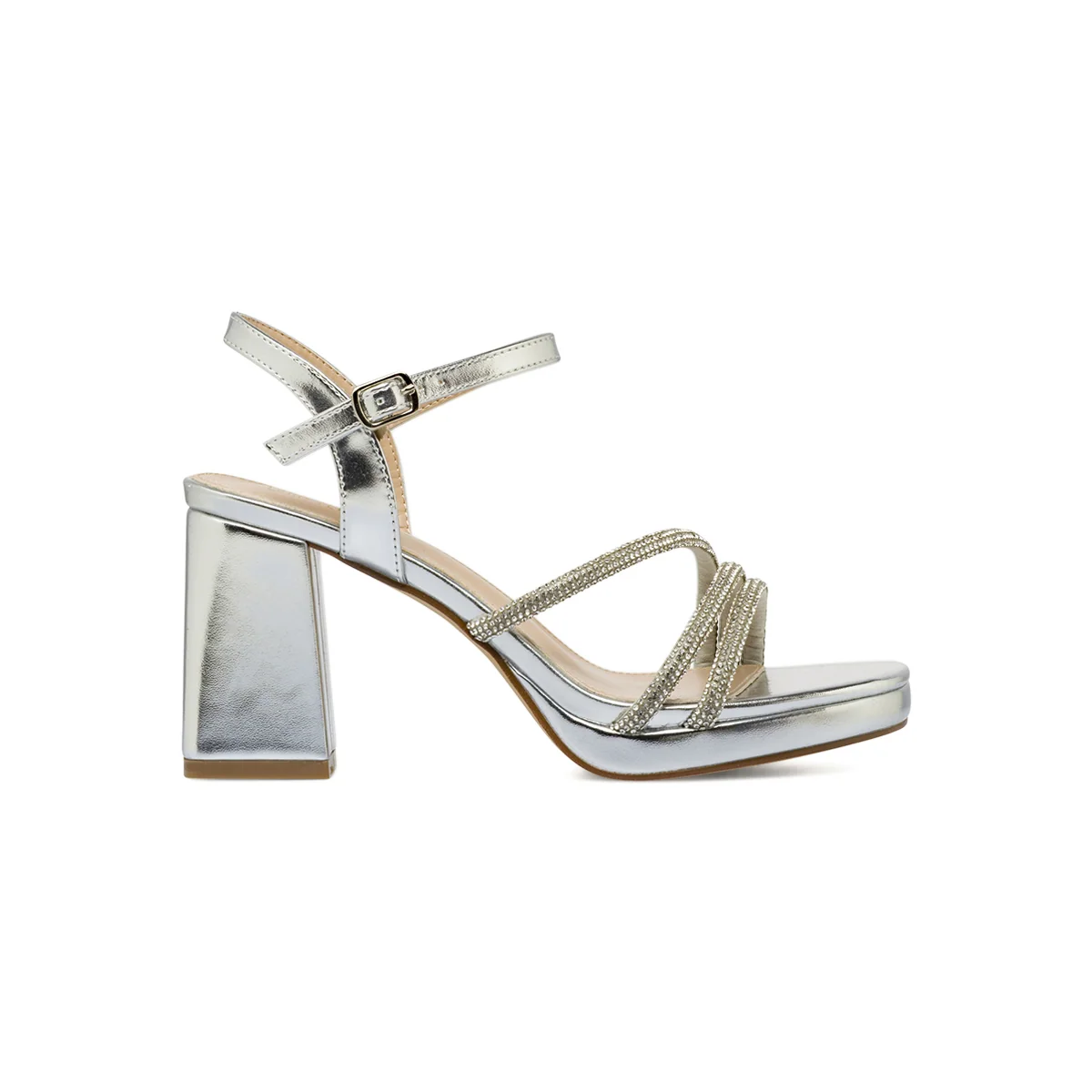 Sandali argento da Donna con strass e tacco colonna 9 cm Lora Ferres