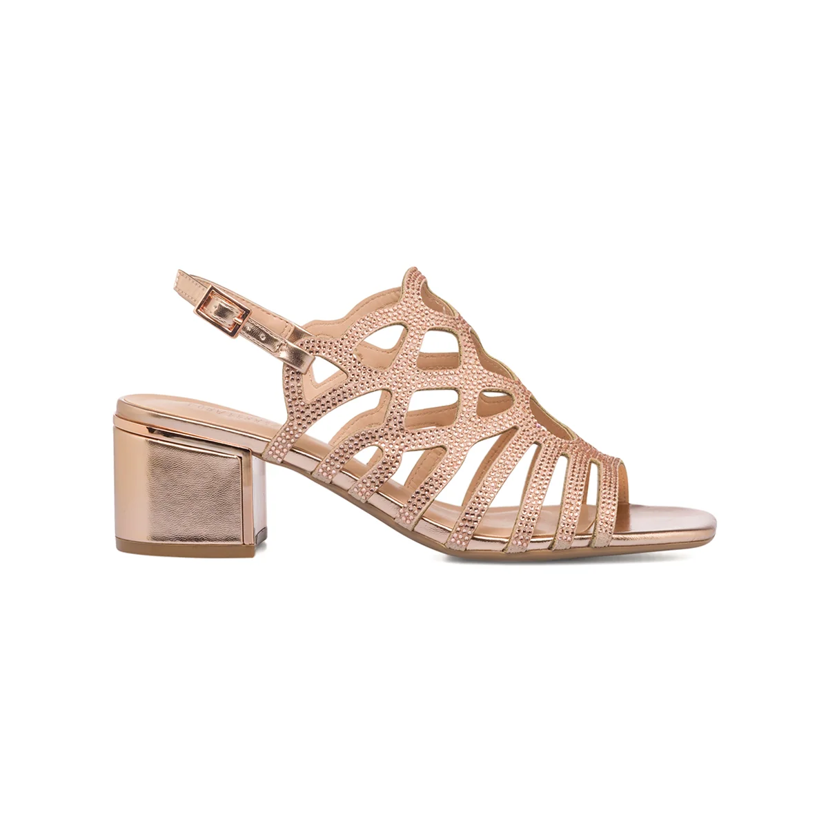 Sandali champagne da donna con tacco a blocco 5 cm e strass gioiello Lora Ferres
