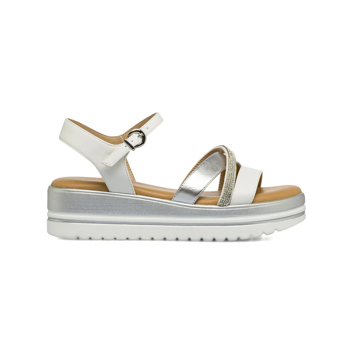 Sandali comfort da Donna argento e bianchi con zeppa e strass P Soft