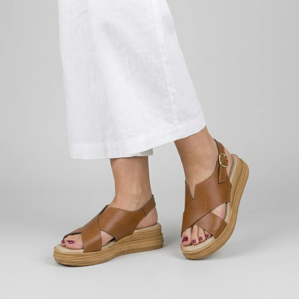 Sandali comfort marroni da Donna con suola alta e maxi fibbia P Soft