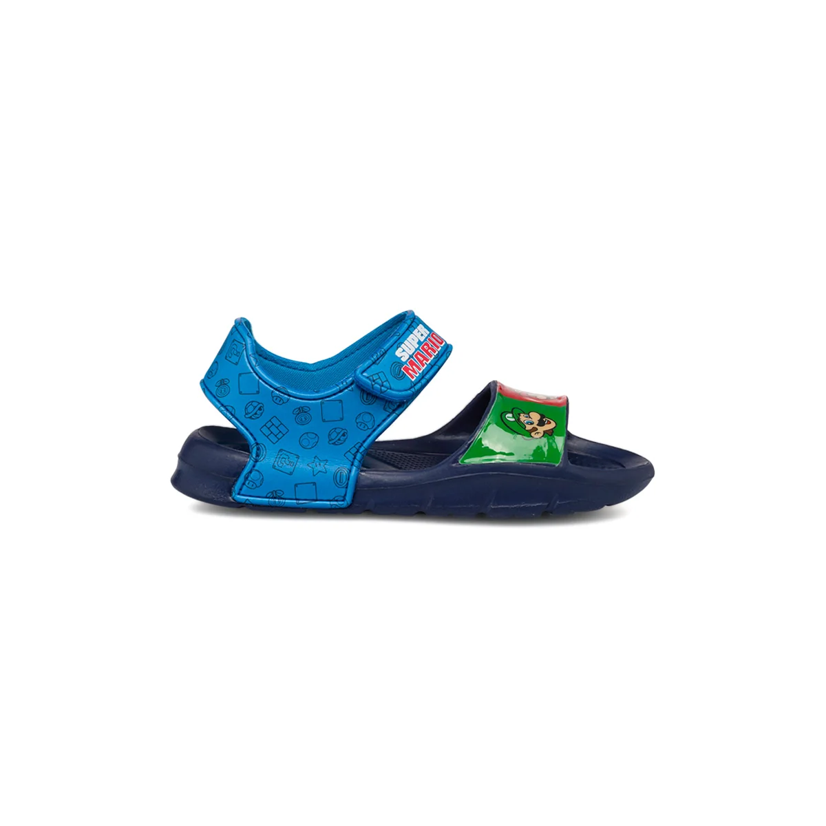 Sandali da bambino blu con stampe colorate frontali Super Mario