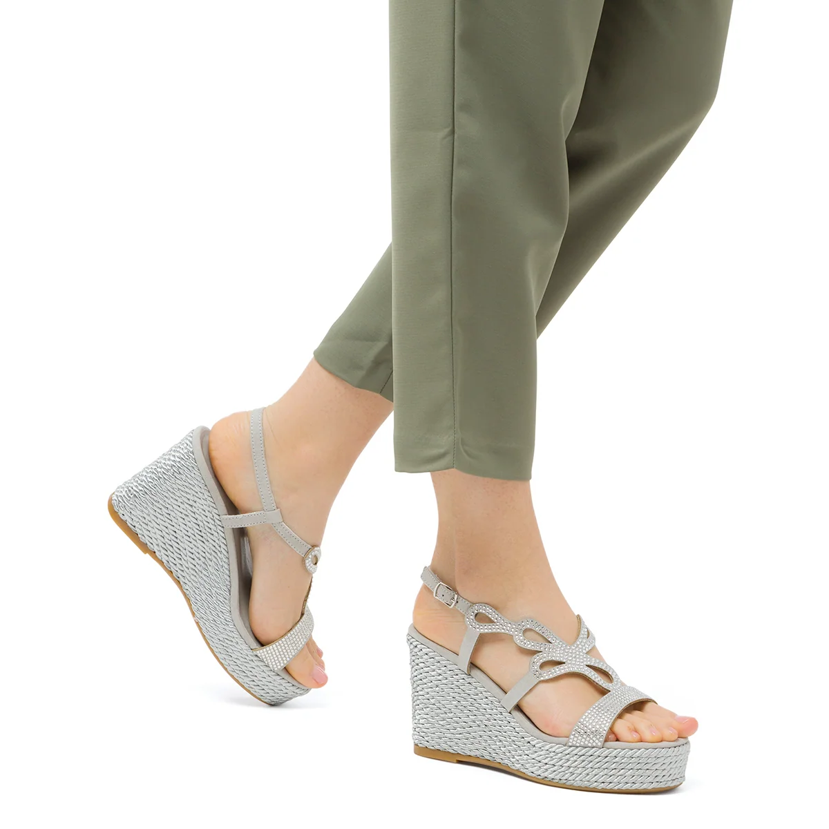 Sandali da donna grigi e argento con zeppa e dettaglio gioiello strass Swish Jeans