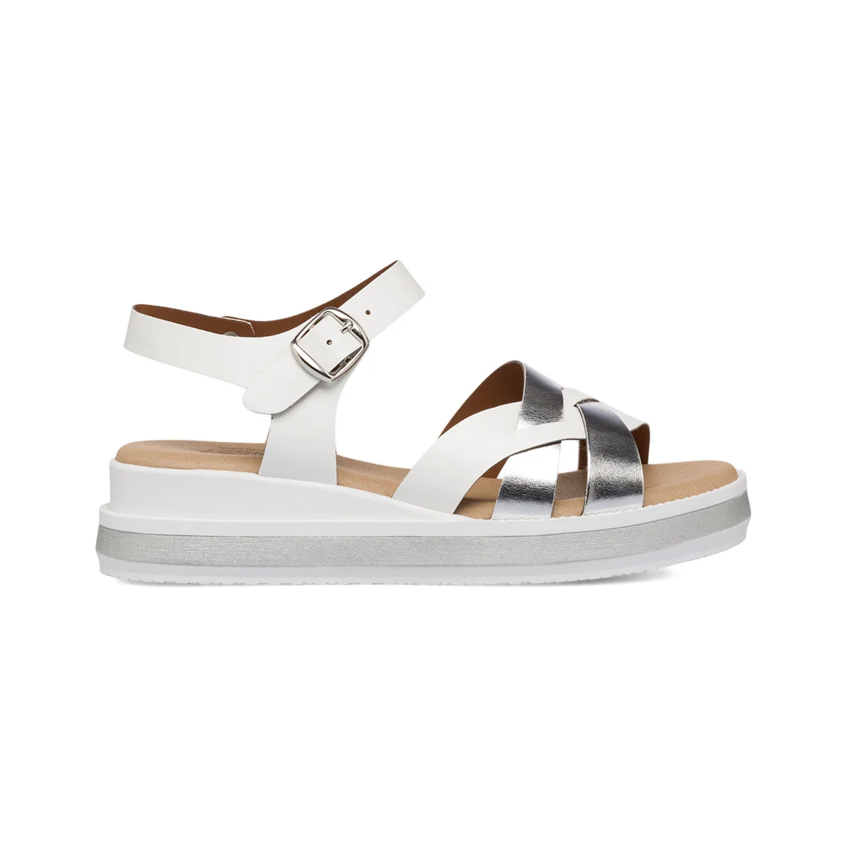 Sandali da donna zon zeppa 4,5 cm bianchi e argento P Soft
