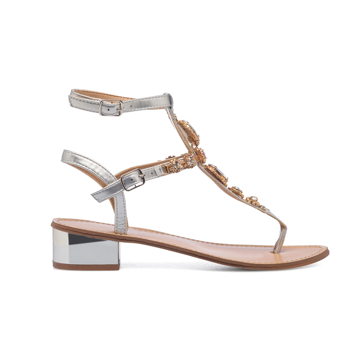 Sandali gioiello infradito argento con tacco 4 cm e strass Lora Ferres