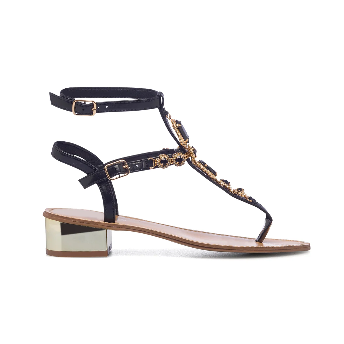 Sandali gioiello infradito neri con tacco 4 cm e strass Lora Ferres