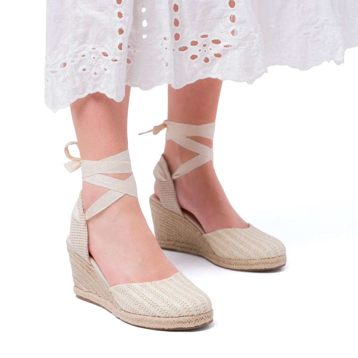 Sandali Zeppe 8 cm da Donna bianchi con dettagli effetto rafia Lora Ferres