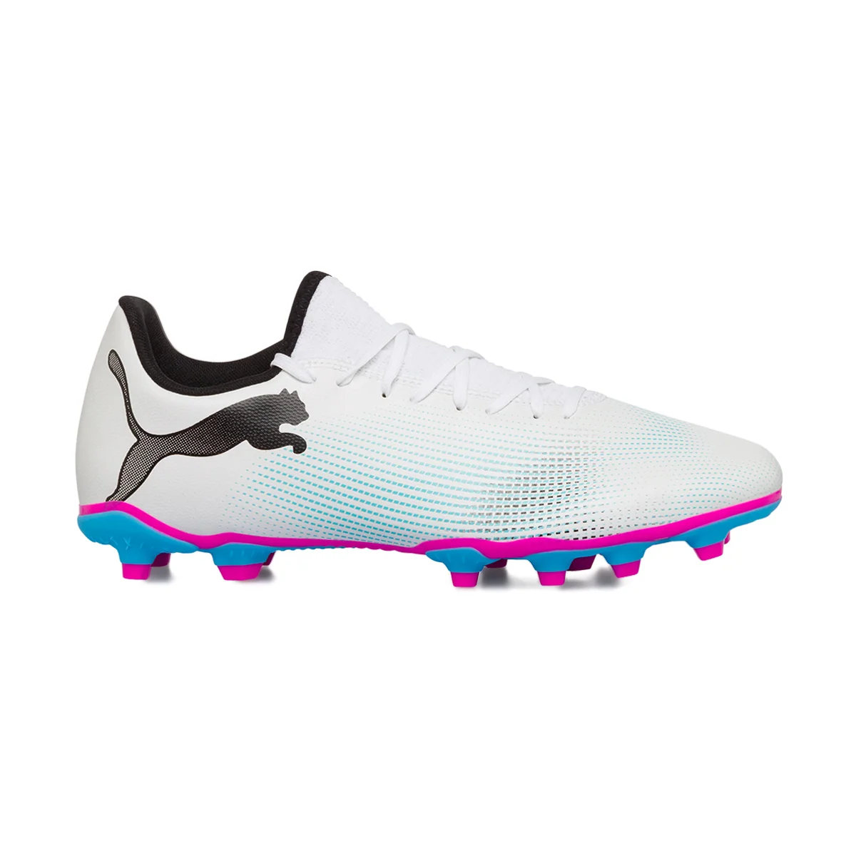 Scarpe da calcio per terreni duri bianche con dettagli fucsia e azzurri Puma Future 7 Play FG/AG