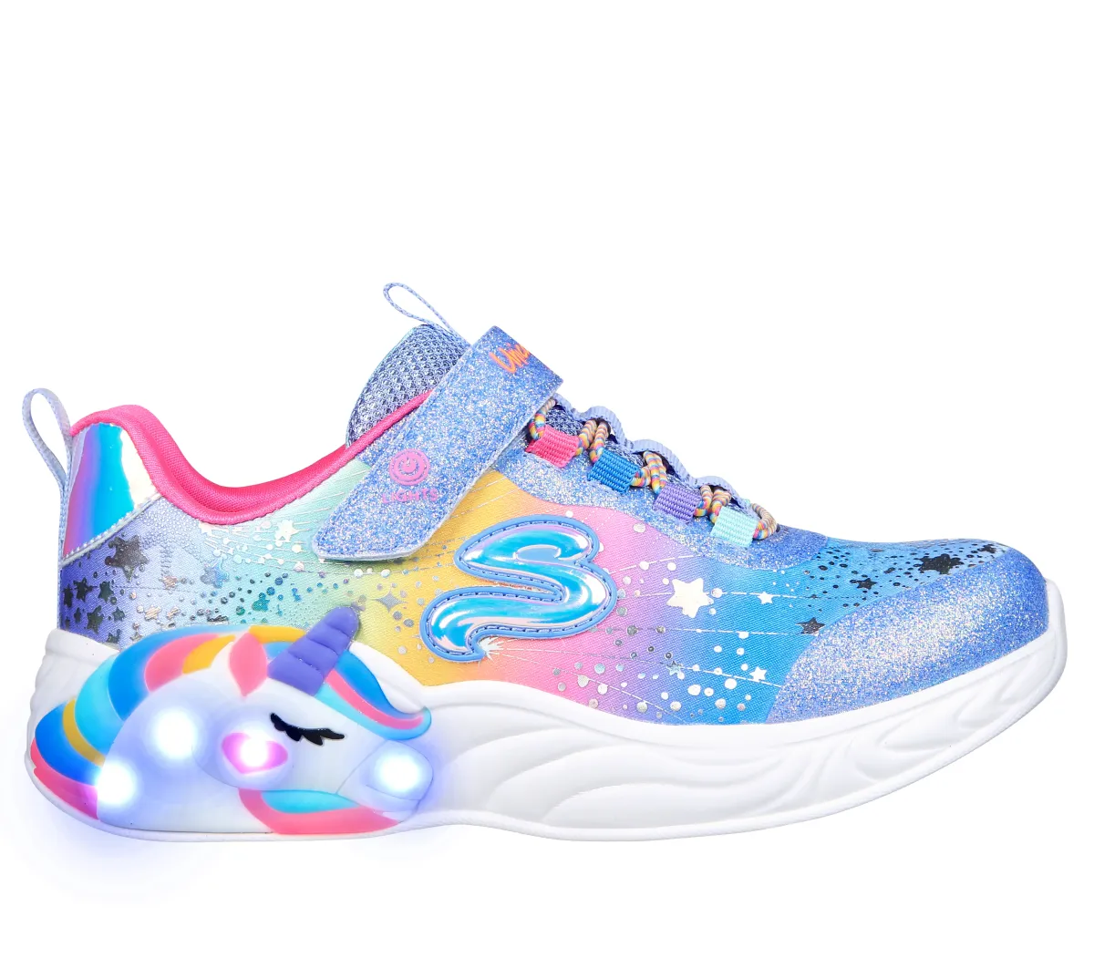 Scarpe da ginnastica azzurre da bambina con unicorno e luci nella suola Skechers S-Lights: Unicorn D
