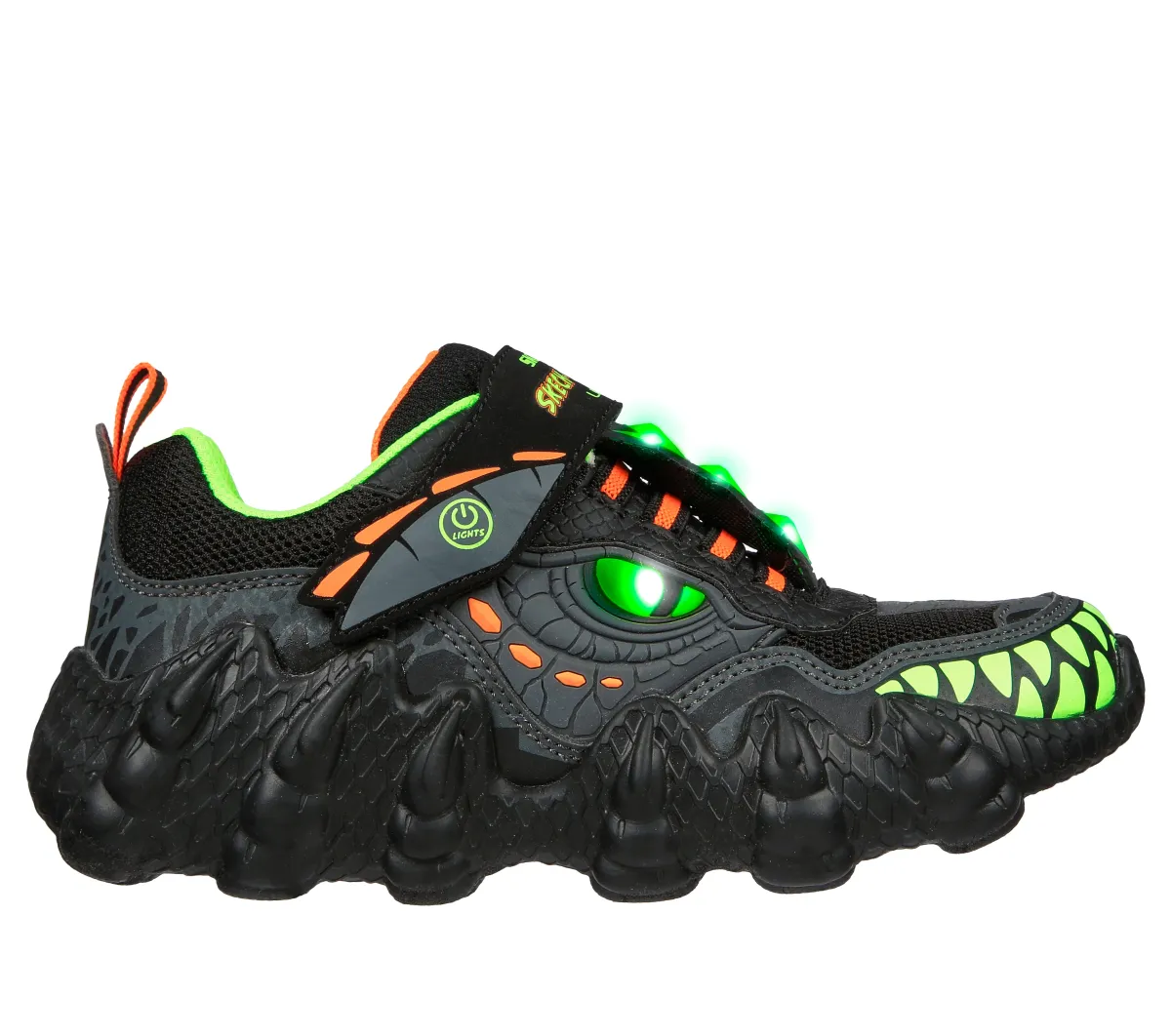 Scarpe da ginnastica nere da bambino con dinosauro e luci sulla tomaia Skechers Skech-O-Saurus Light