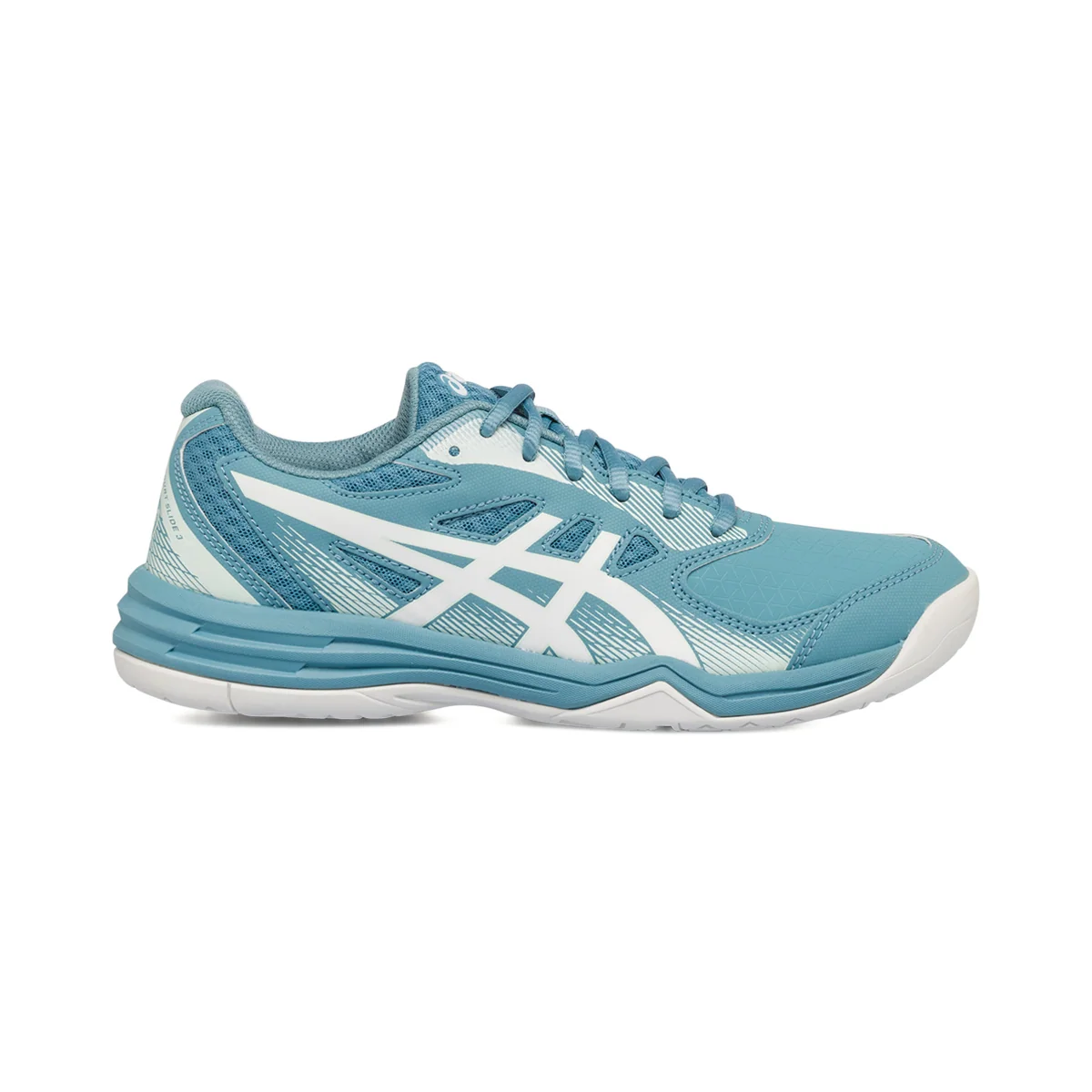 Scarpe da running azzurre e bianche da donna con logo laterale Asics Court Slide 3