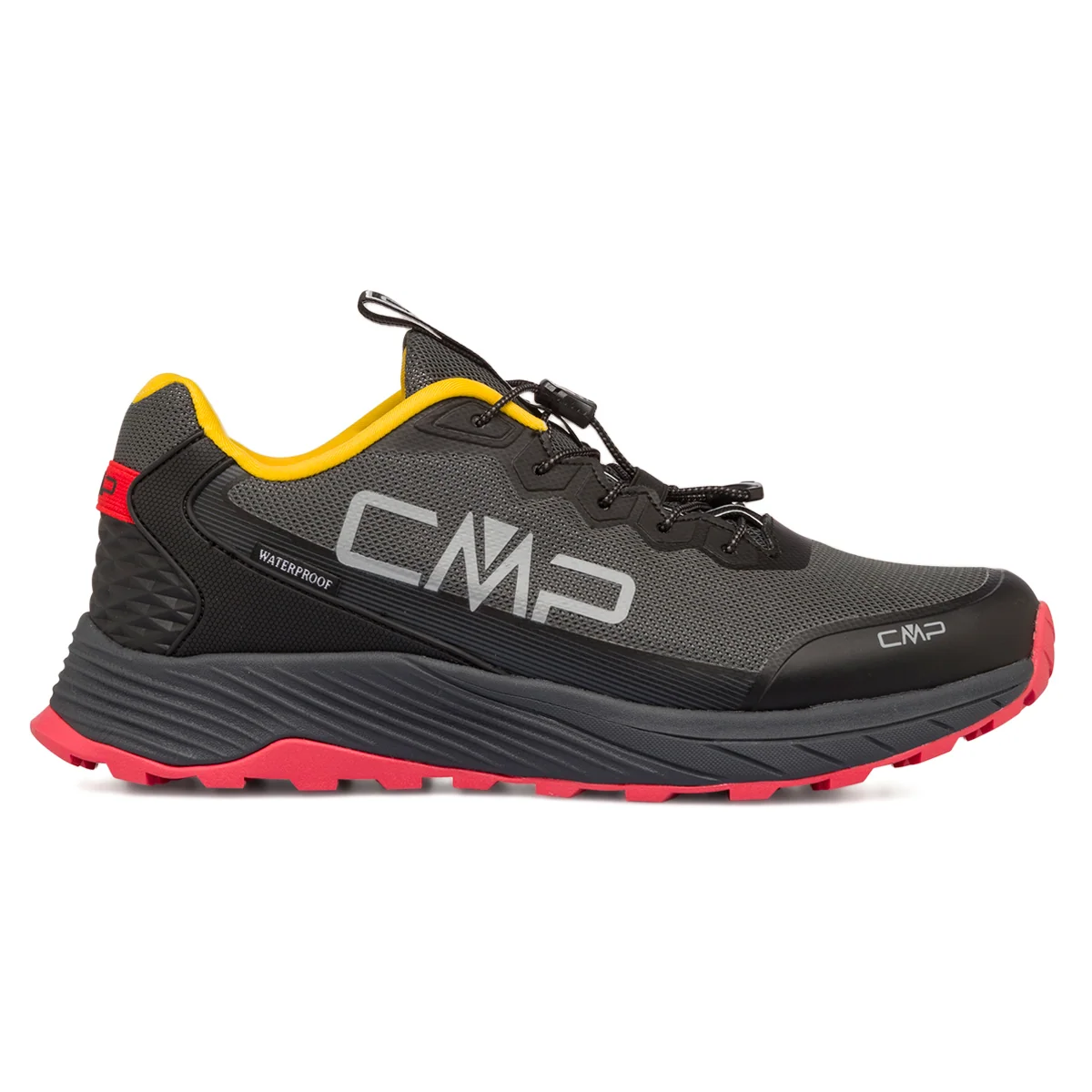 Scarpe da trail running da uomo nere waterproof con dettagli rossi e gialli CMP Phelyx