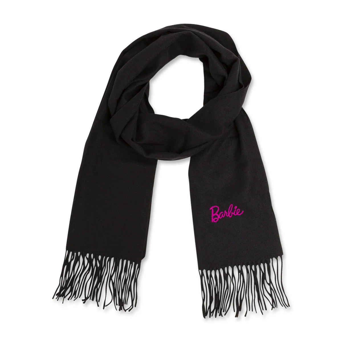 Sciarpa nera da donna con frange e logo Barbie