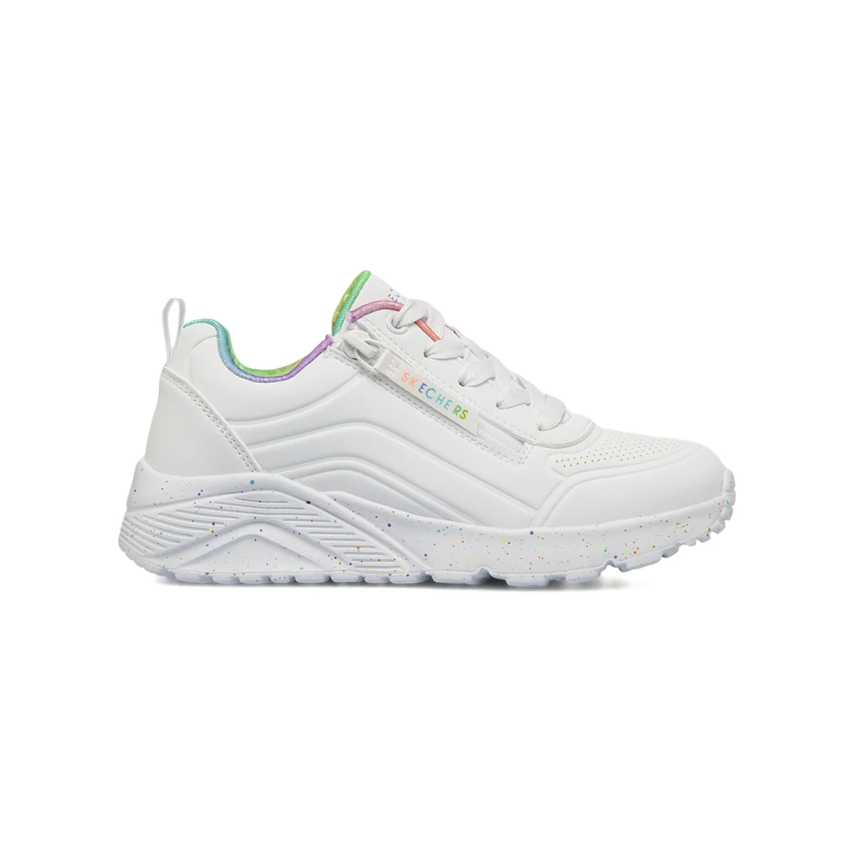 Skechers Uno Lite Vivid Splash bianche con zip laterale e dettagli multicolore