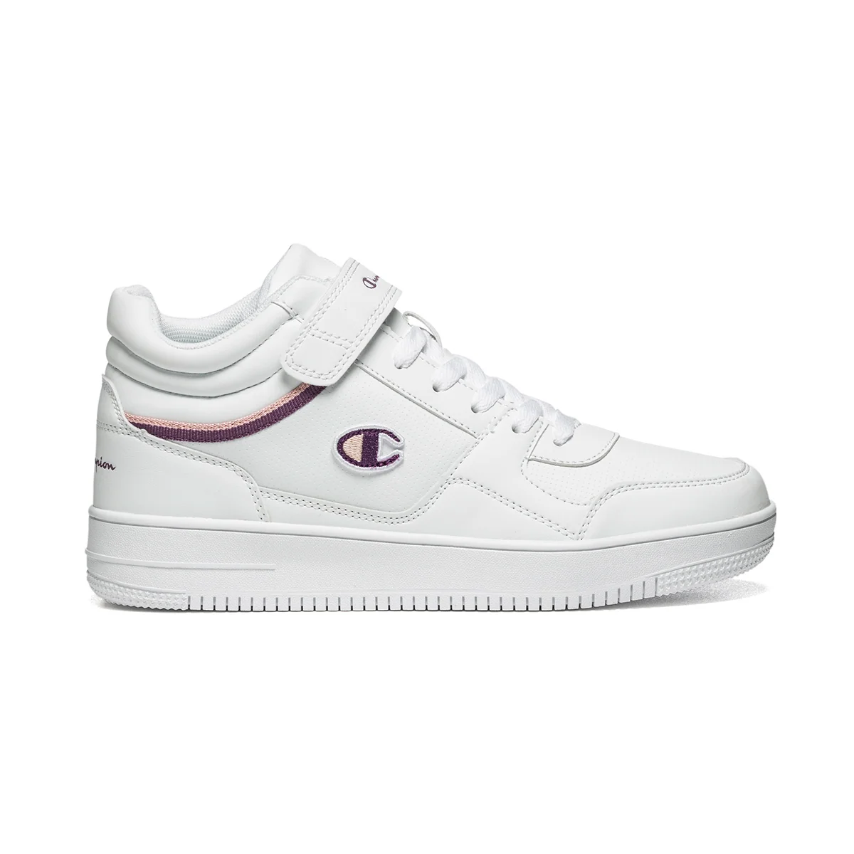 Sneakers alte bianche con dettagli viola e rosa Champion Rebound Low