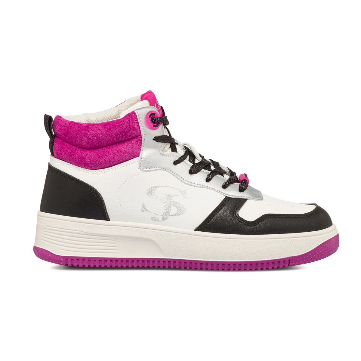 Sneakers alte bianche da donna con dettagli neri e fucsia Swish Jeans